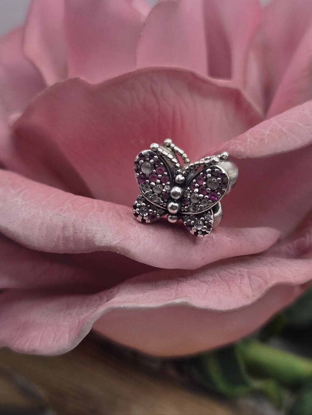 Pandora Sterling Silver Butterfly Charm with Pink Stones